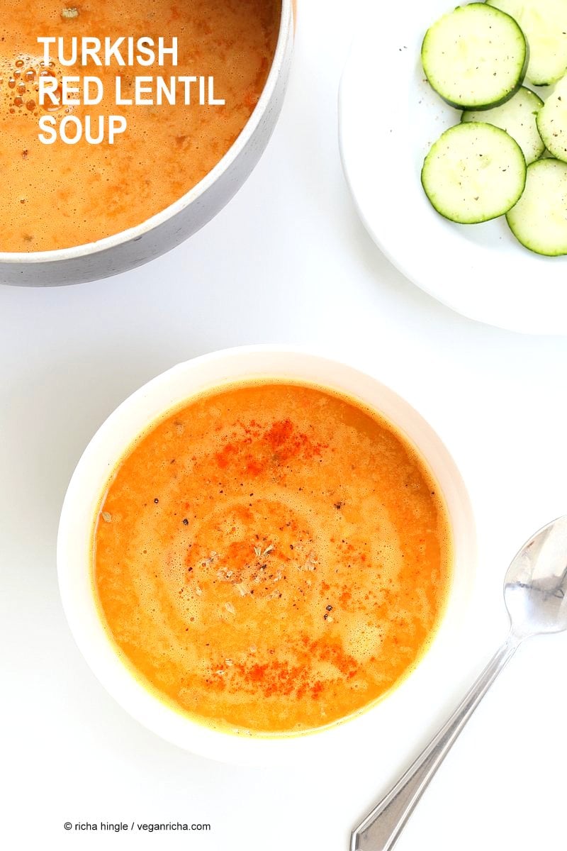 Easy Turkish Red Lentil Soup with carrots, turkish spices, red lentils.Easy weeknight meal. Few ingredients. Vegan Gluten-free Soyfree Recipe | VeganRicha.com