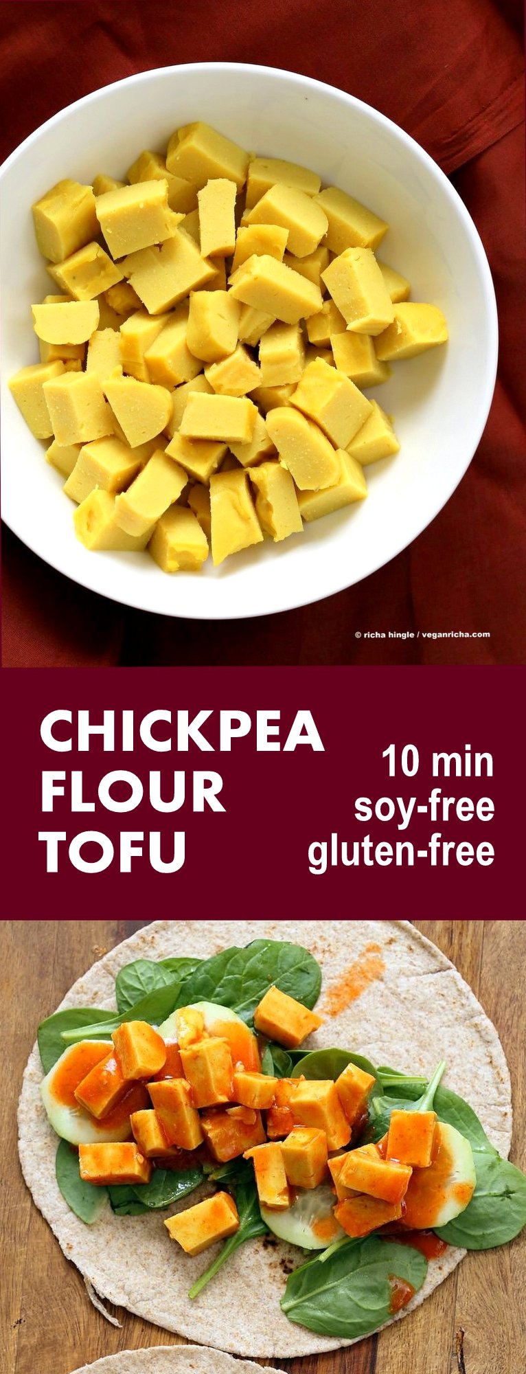 Chickpea flour Tofu. 10 min Non soy tofu made with Chickpea flour or Besan / gram flour. Easy Burmese tofu. #Vegan #Glutenfree #Soyfree #Nutfree #10minute #Recipe | VeganRicha.com