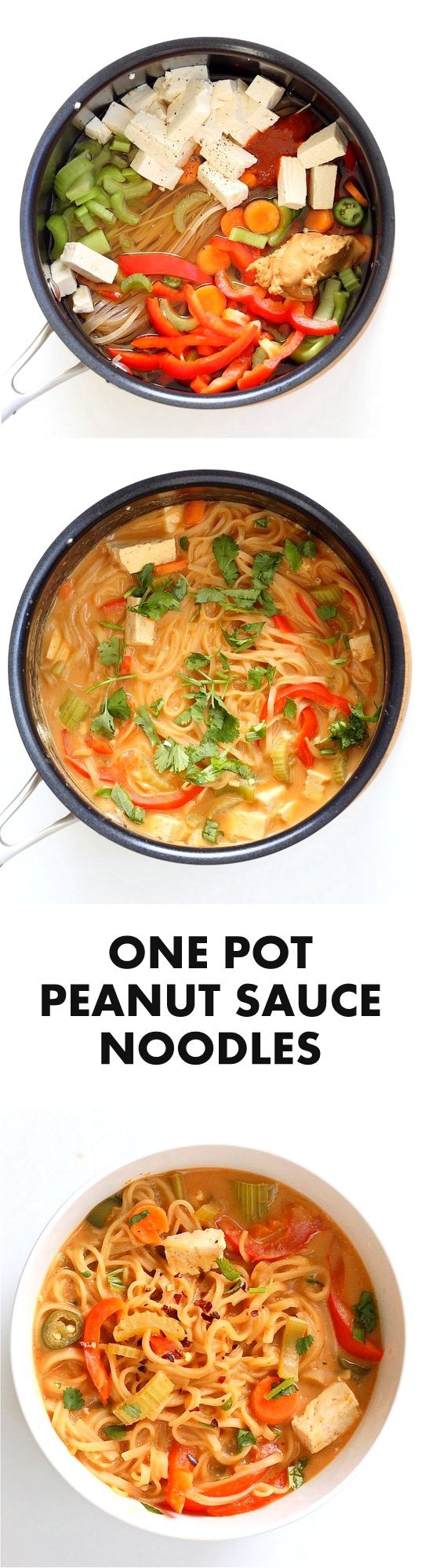 One pot Peanut Sauce Noodles, Ready in 20 minutes! Brown Rice Noodles, Veggies, Peanut or Almond Butter, spices, flavors, boil and done. #Easy #Quick #Weeknight #Dinner #Recipe | VeganRicha.com