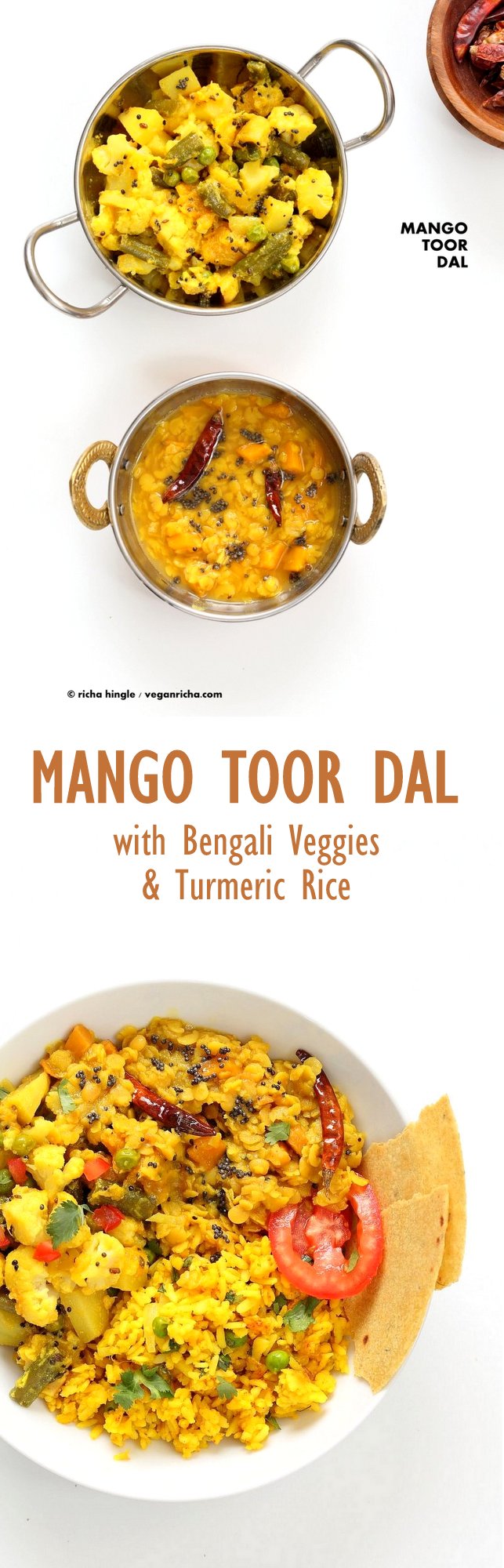 Indian Mango Dal. Toor Dal with unripe or ripe mango and 6 ingredients. Easy 1 pot soup or side. Use other lentils or veggies for variation. #Vegan #Indian #Dal #Recipe #Glutenfree #Soyfree with Bengali Veggies | VeganRicha.com