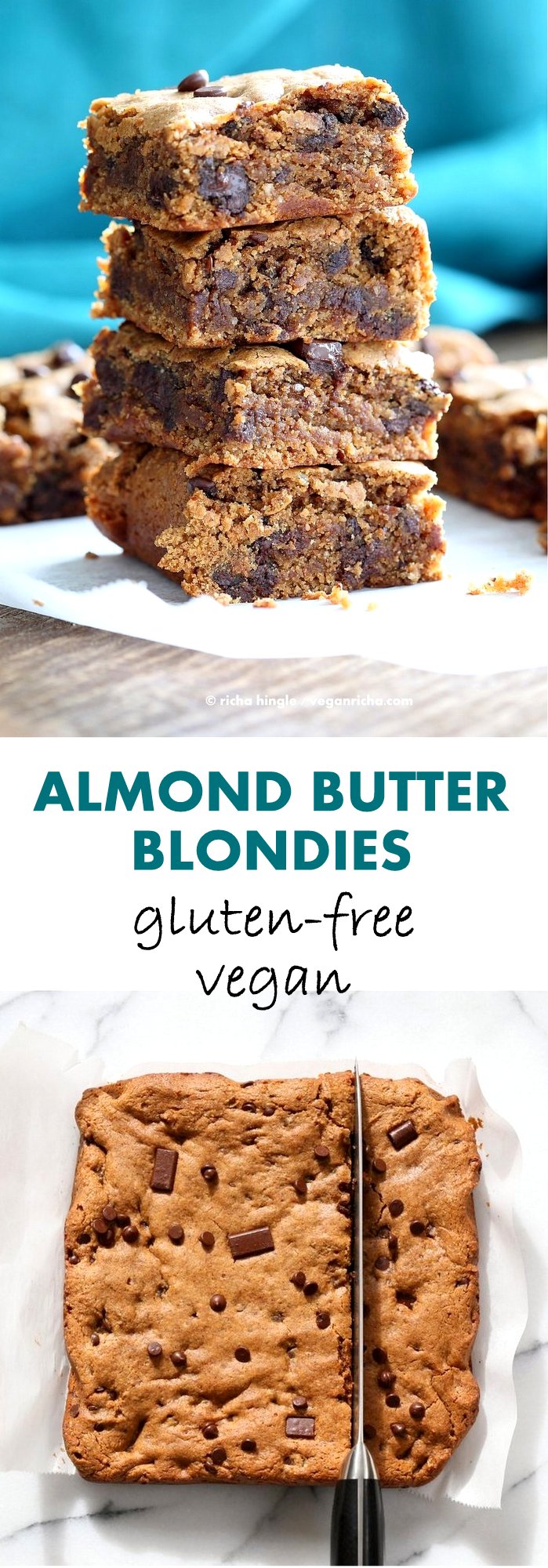 Gluten free Almond Butter Blondies with Chocolate Chunks and Chocolate Chips. GlutenFree Blondies Vegan Blonde Brownies. Peanut Butter Blondies. #vegan #glutenfree #Soyfree #Recipe | VeganRicha.com