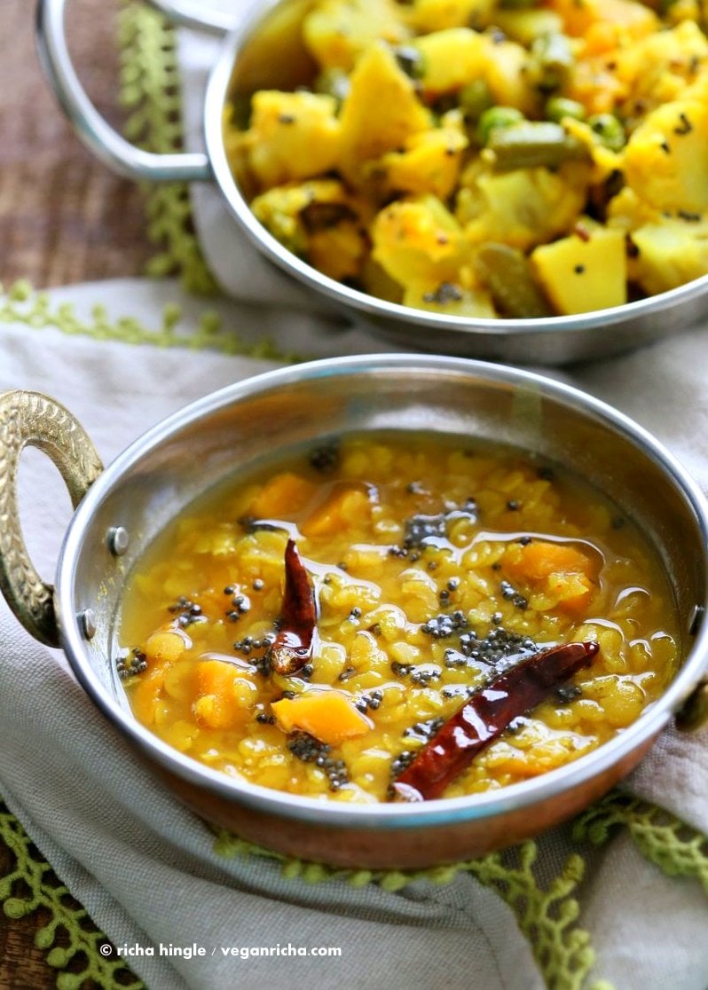 Indian Mango Dal. Toor Dal with unripe or ripe mango and 6 ingredients. Easy 1 pot soup or side. Use other lentils or veggies for variation. Vegan Indian Dhal Recipe Gluten-free #Soyfree with Bengali Veggies | VeganRicha.com