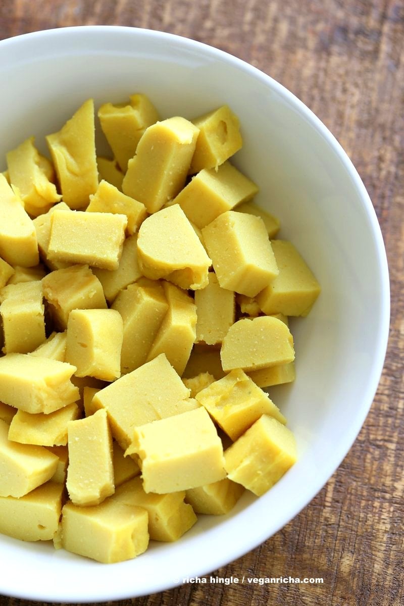 Chickpea flour Tofu. 10 min Non soy tofu made with Chickpea flour or Besan / gram flour. Easy Burmese tofu. Vegan Gluten-free Soy-free Nut-free Recipe.| VeganRicha.com