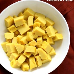 Chickpea flour Tofu. 10 min Non soy tofu made with Chickpea flour or Besan / gram flour. Easy Burmese tofu. Vegan Gluten-free Soy-free Nut-free Recipe.| VeganRicha.com #glutenfree #veganricha #vegan