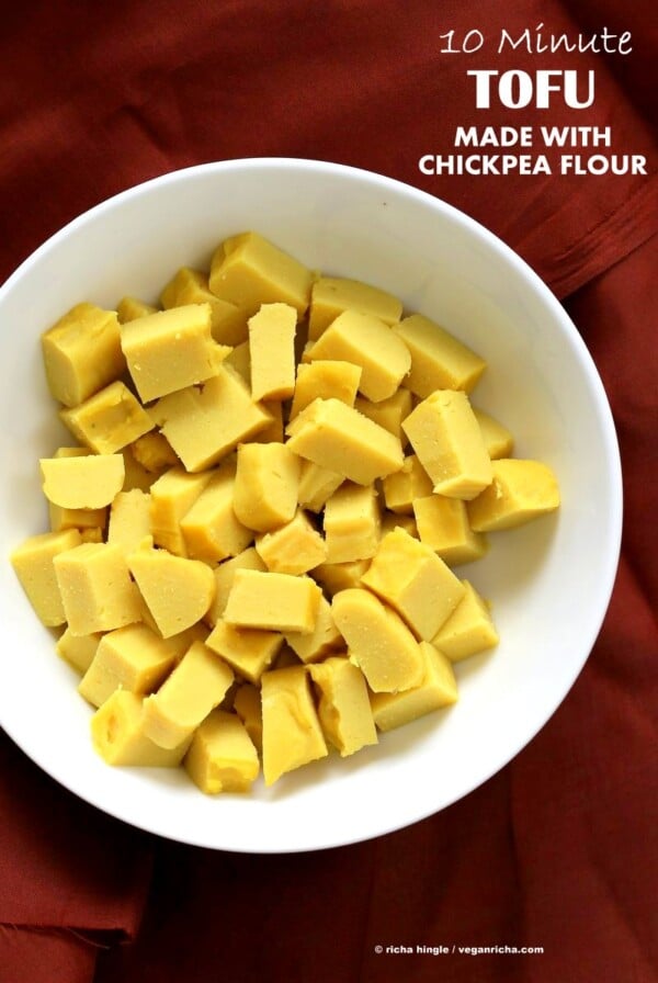 Chickpea flour Tofu. 10 min Non soy tofu made with Chickpea flour or Besan / gram flour. Easy Burmese tofu. Vegan Gluten-free Soy-free Nut-free Recipe.| VeganRicha.com #glutenfree #veganricha #vegan
