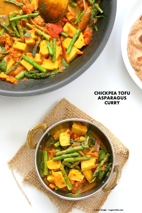 Easy Asparagus Curry with Chickpea Tofu and Indian Spices and tomato sauce. Indian Vegan Gluten-free Soy-free Recipe. Serve with Rice or flatbread. | VeganRicha.com #glutenfree #veganricha #vegan