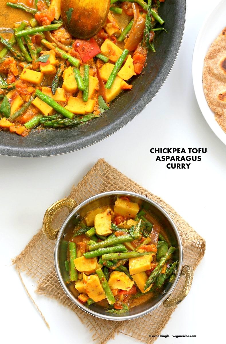 Easy Asparagus Curry with Chickpea Tofu and Indian Spices. Indian Vegan Gluten-free Soy-free Recipe. Serve with Rice or flatbread. | VeganRicha.com