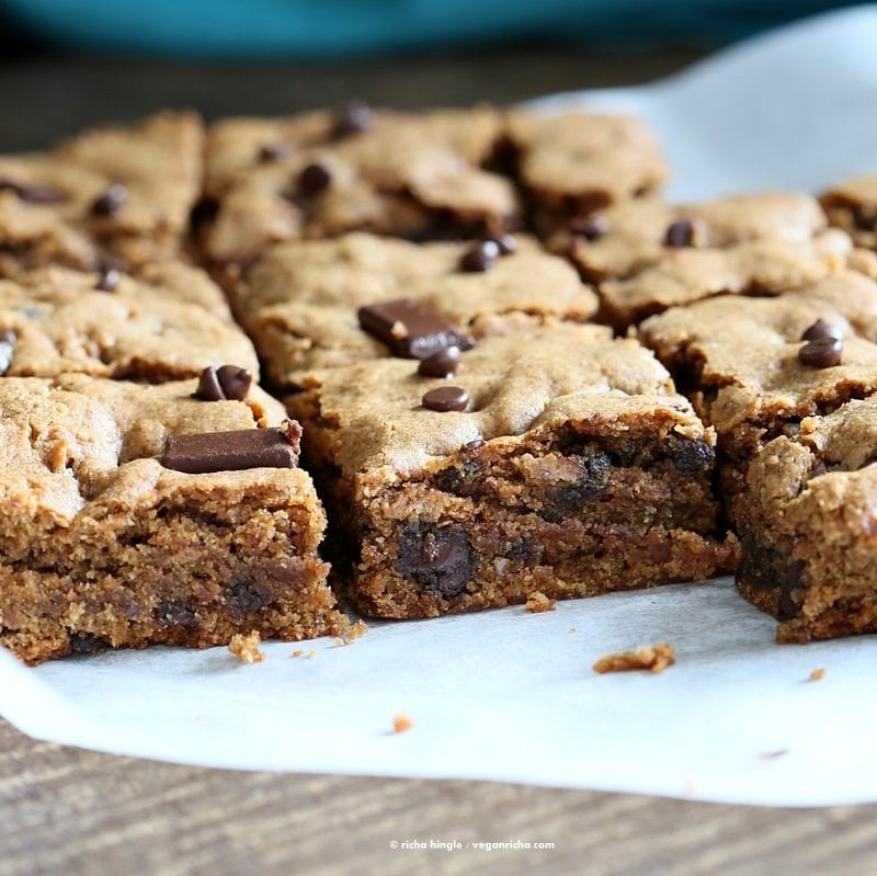 Gluten-free Almond Butter Blondies with Chocolate Chunks and Chocolate Chips. Gluten-Free Blondies Vegan Blonde Brownies. Peanut Butter Blondies. Soy-free Recipe | VeganRicha.com
