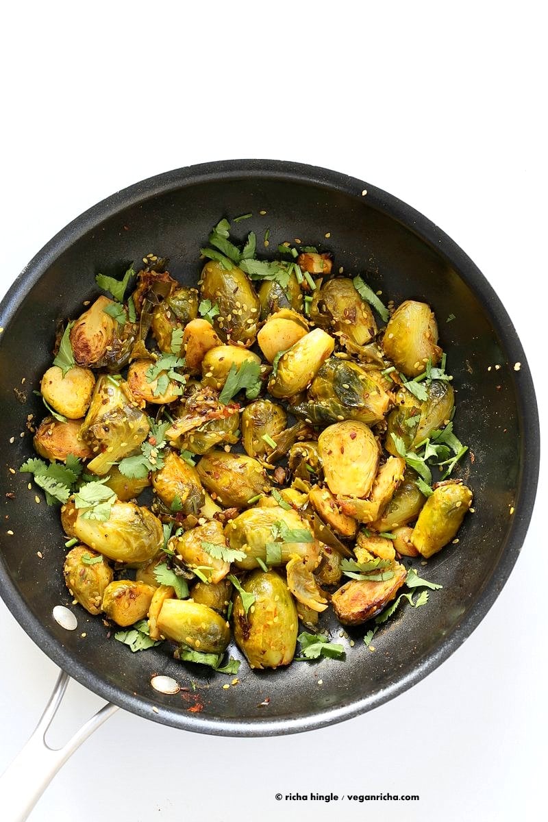 Pan Roasted Brussels Sprouts Subzi with Cumin and Mustard Seeds. Easy Spiced Brussels Sprouts. Serve in a bowl with Dal and Rice or as a side. Vegan gluten-free Soy-free Indian Recipe. | VeganRicha.com