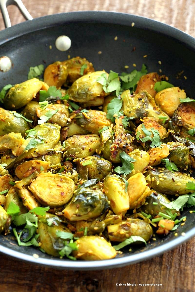 Pan Roasted Brussels Sprouts Subzi with Cumin and Mustard Seeds. Easy Spiced Brussels Sprouts. Serve in a bowl with Dal and Rice or as a side. Vegan gluten-free Soy-free Indian Recipe. | VeganRicha.com