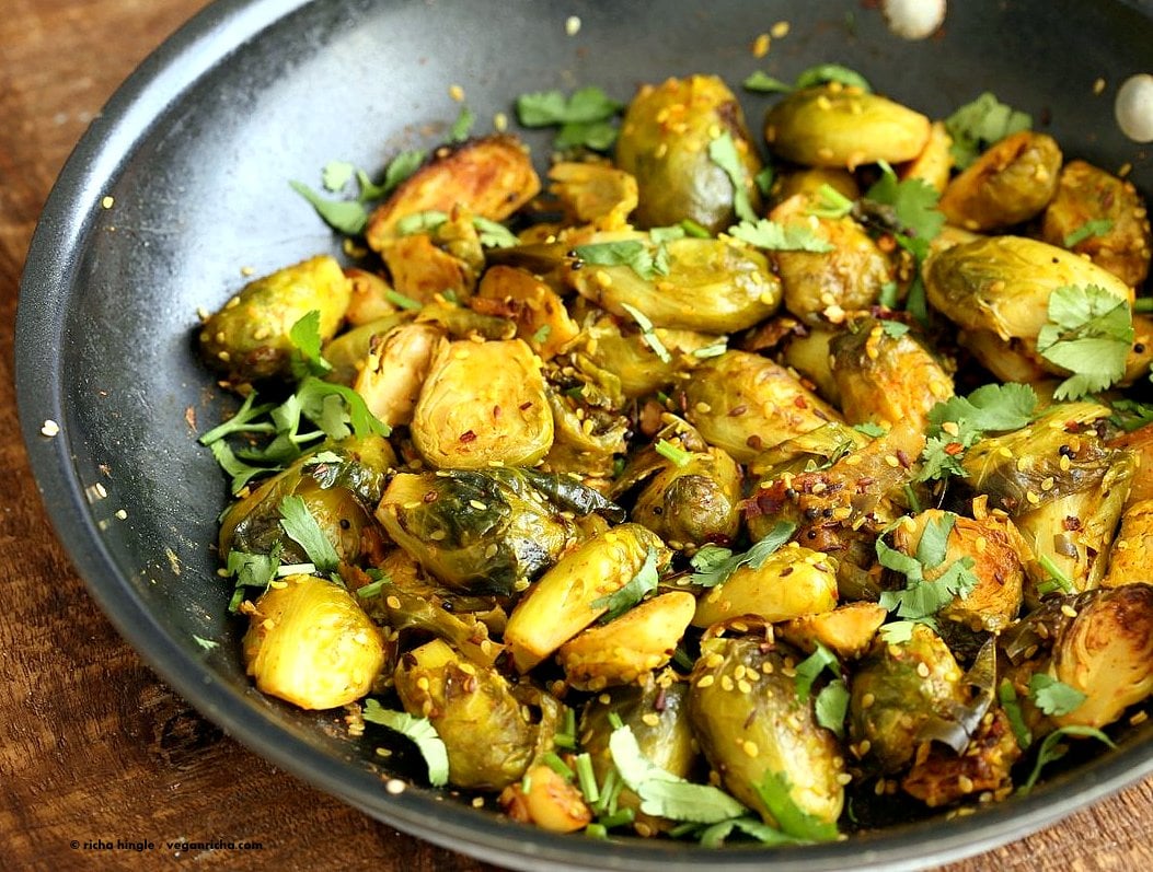 Pan Roasted Brussels Sprouts Subzi with Cumin and Mustard Seeds. Easy Spiced Brussels Sprouts. Serve in a bowl with Dal and Rice or as a side. Vegan gluten-free Soy-free Indian Recipe. | VeganRicha.com