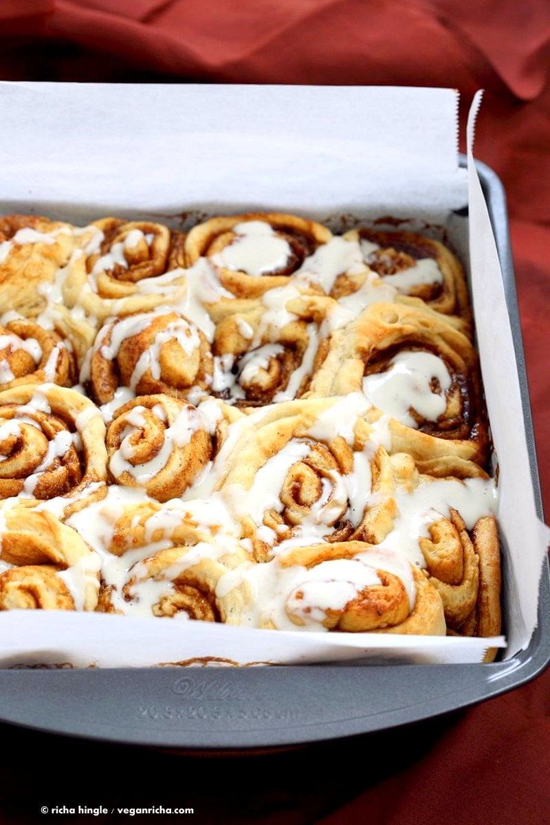 1 hour Cinnamon Rolls with Aquafaba . Easy Homemade Vegan Cinnamon Rolls with Cashew cream frosting. Ready in 60 minutes. Vegan Soy-free Palm Oil free Breakfast Recipe | VeganRicha.com