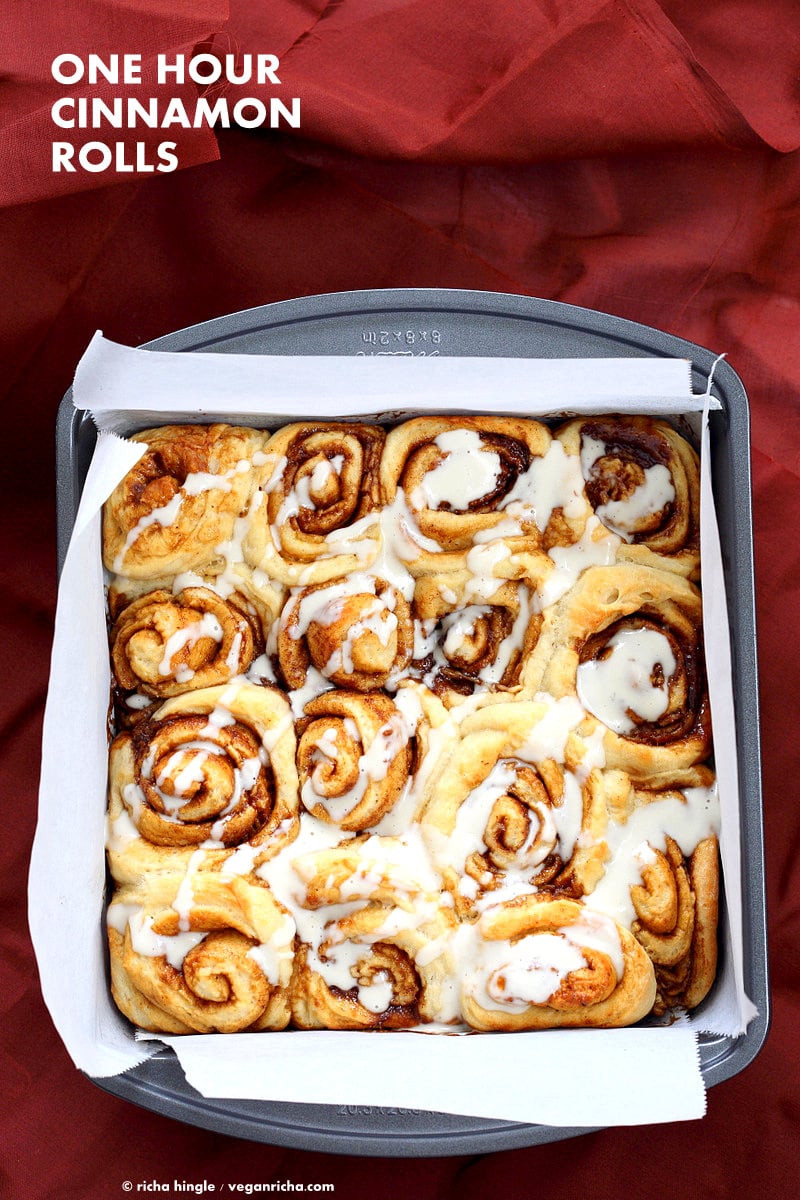 Easy Homemade 1 hour Cinnamon Rolls with Aquafaba. Vegan Cinnamon Rolls with Cashew cream frosting. Ready in 60 minutes. #Vegan Soy-free Palm Oil free #Breakfast #veganricha #Recipe | VeganRicha.com