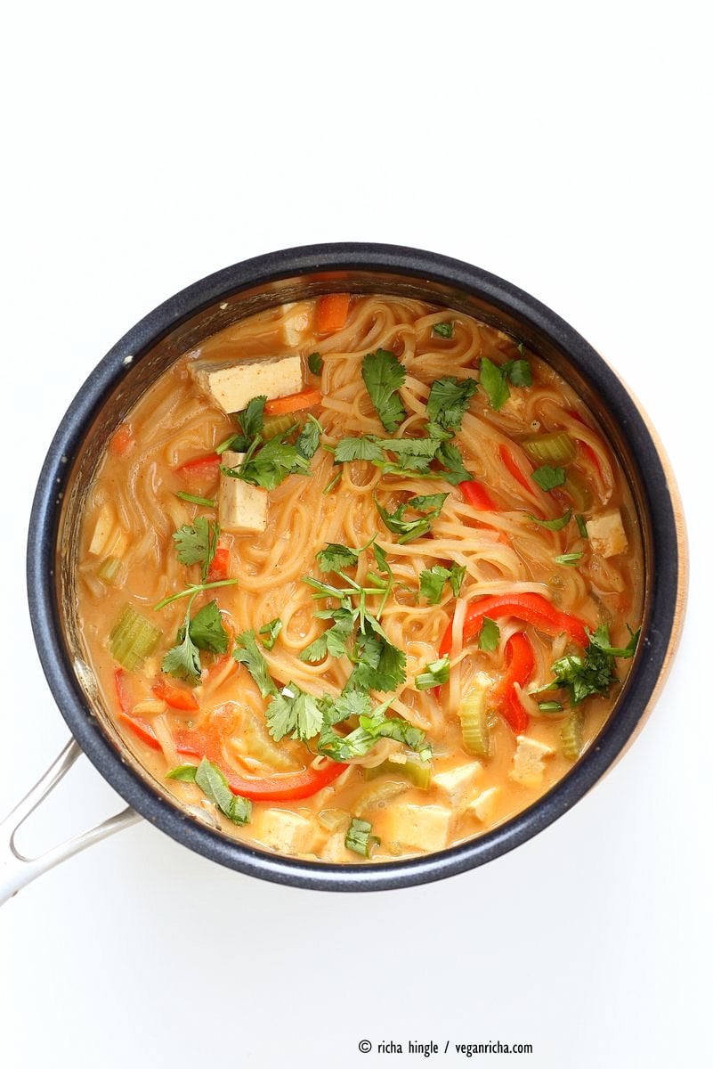 One pot peanut sauce noodles, Ready in 20 minutes! Brown Rice Noodles, Veggies, Peanut or Almond Butter, spices, flavors, boil and done. Easy #Vegan #glutenfree Quick #Weeknight #Dinner #Recipe | VeganRicha.com