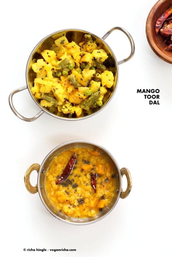 Indian Mango Dal. Toor Dal with unripe or ripe mango and 6 ingredients. Easy 1 pot soup or side. Use other lentils or veggies for variation. Vegan Indian Dhal Recipe Gluten-free #Soyfree with Bengali Veggies | VeganRicha.com #vegan #glutenfree #veganricha