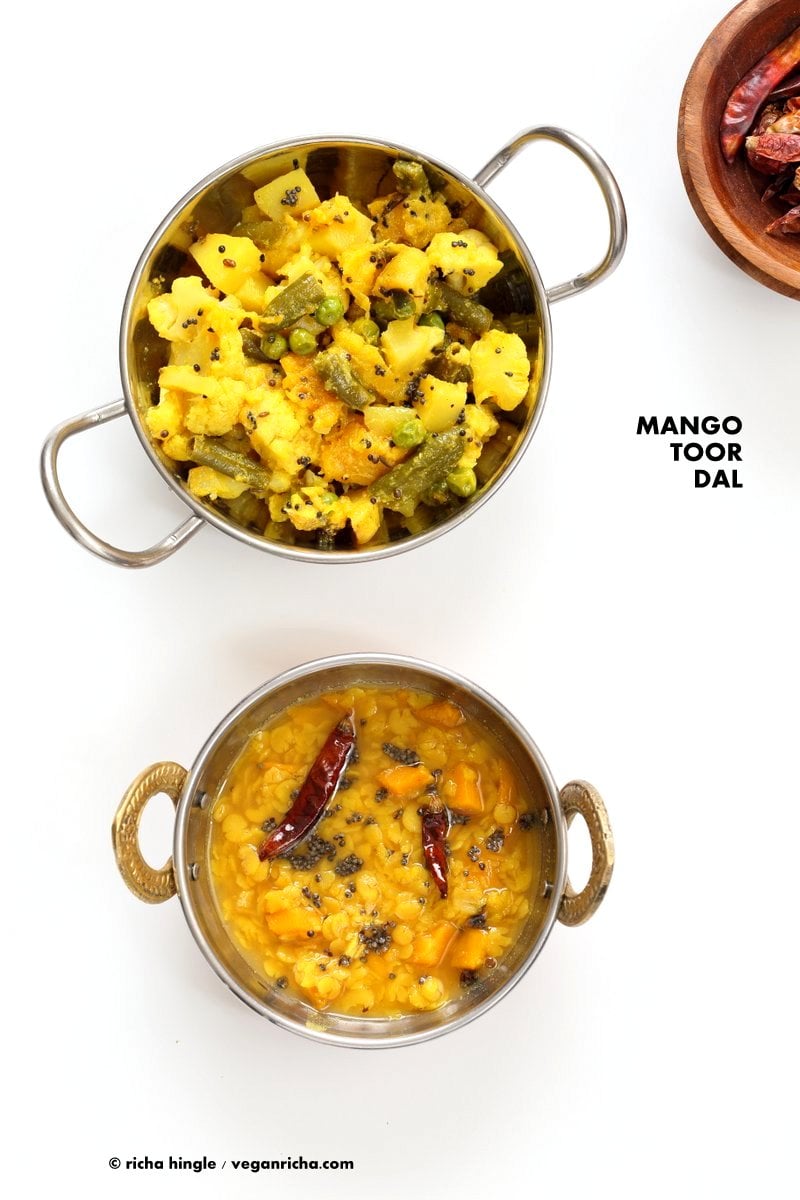Indian Mango Dal. Toor Dal with unripe or ripe mango and 6 ingredients. Easy 1 pot soup or side. Use other lentils or veggies for variation. #Vegan #Indian #Dhal #Recipe #Glutenfree #Soyfree with Bengali Veggies | VeganRicha.com