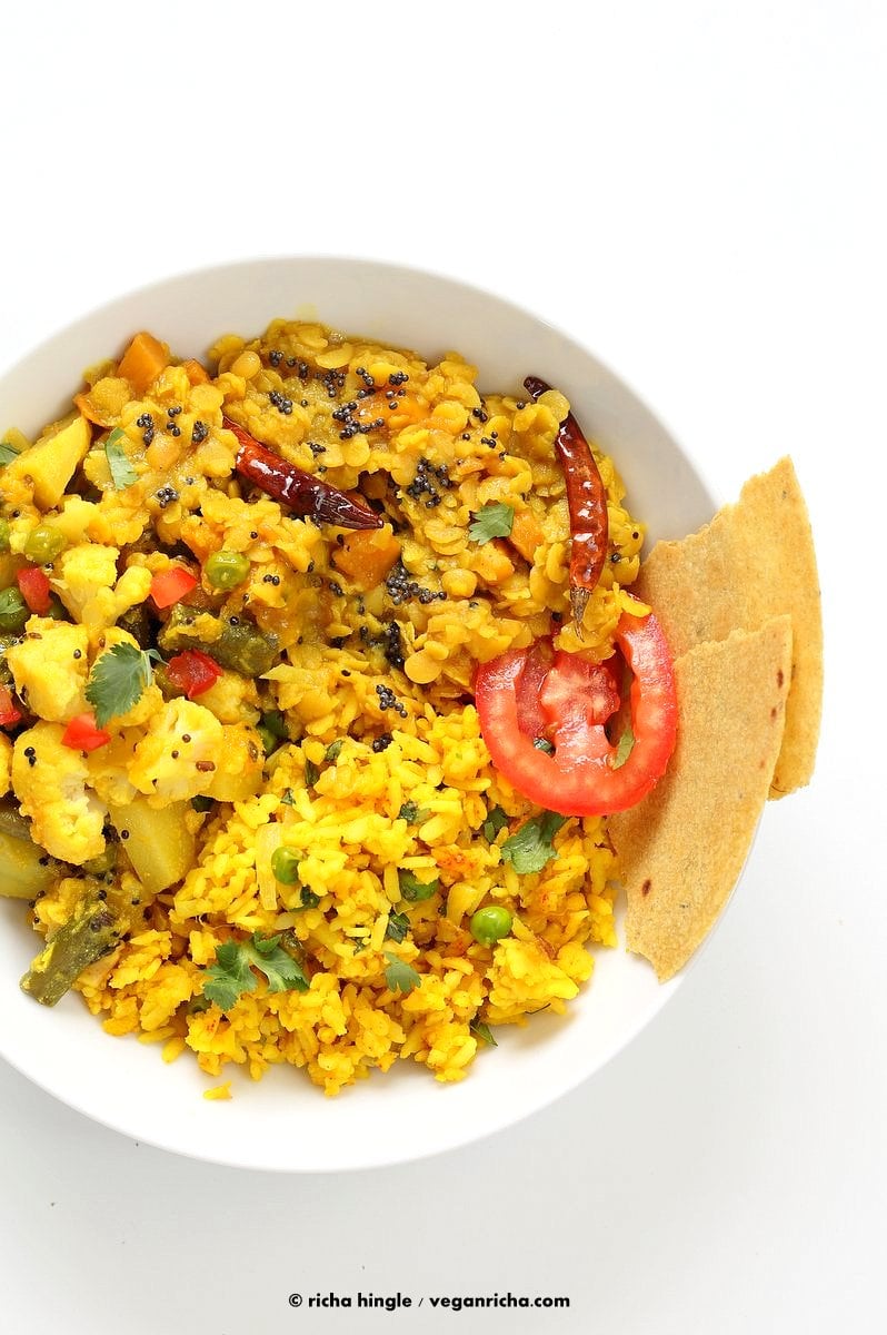 Indian Mango Dal. Toor Dal with unripe or ripe mango and 6 ingredients. Easy 1 pot soup or side. Use other lentils or veggies for variation. Vegan Indian Dhal Recipe Gluten-free Soy-free with Bengali Veggies and Turmeric Rice | VeganRicha.com