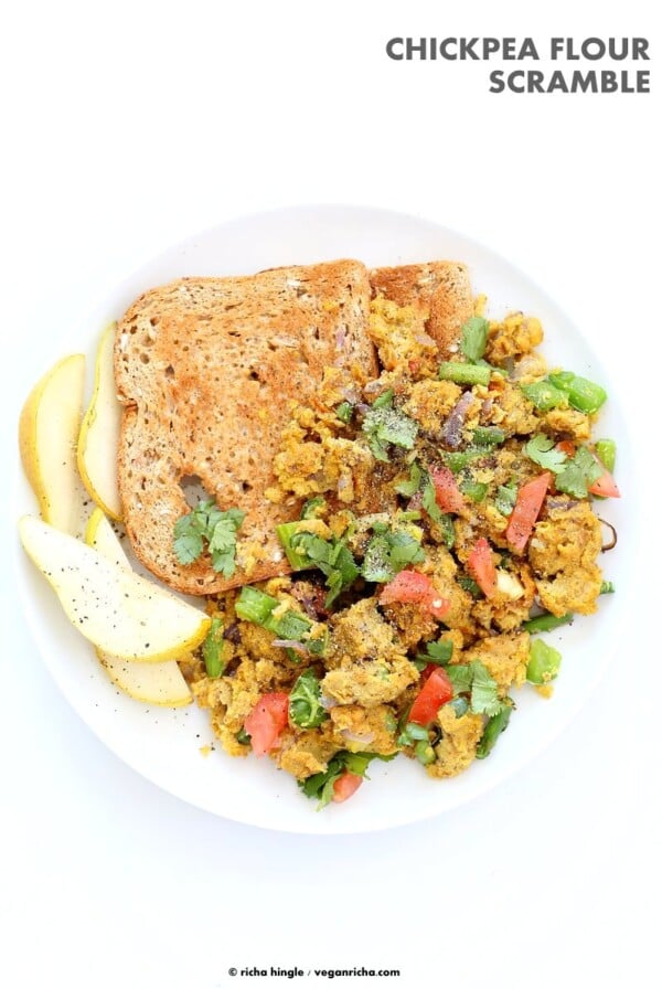 Easy Chickpea flour Scramble. Soy-free Breakfast Scramble with veggies. Make with lentil flour or lentil batter for variation. Vegan Gluten-free Recipe | VeganRicha.com #vegan #glutenfree #veganricha