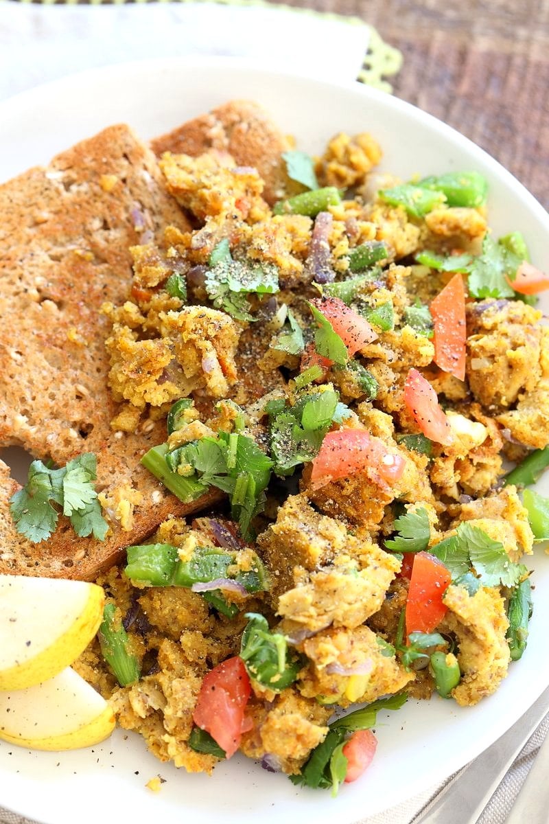 Easy Chickpea flour Scramble. Soy-free Breakfast Scramble with veggies. Make with lentil flour or lentil batter for variation. Vegan Gluten-free Recipe | VeganRicha.com