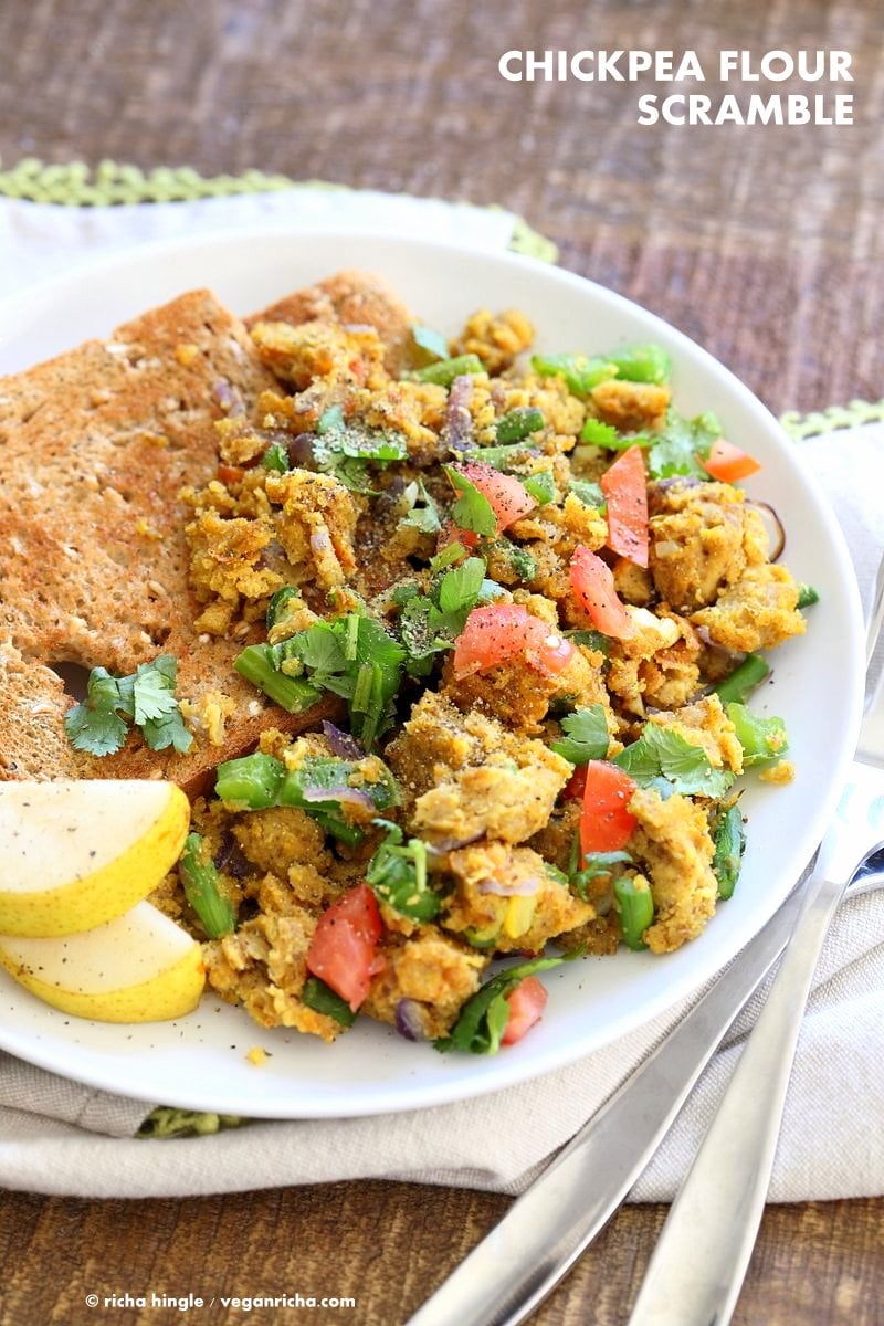 Easy Chickpea flour Scramble. Soy-free Breakfast Scramble with veggies. Make with lentil flour or lentil batter for variation. Vegan Gluten-free Recipe | VeganRicha.com