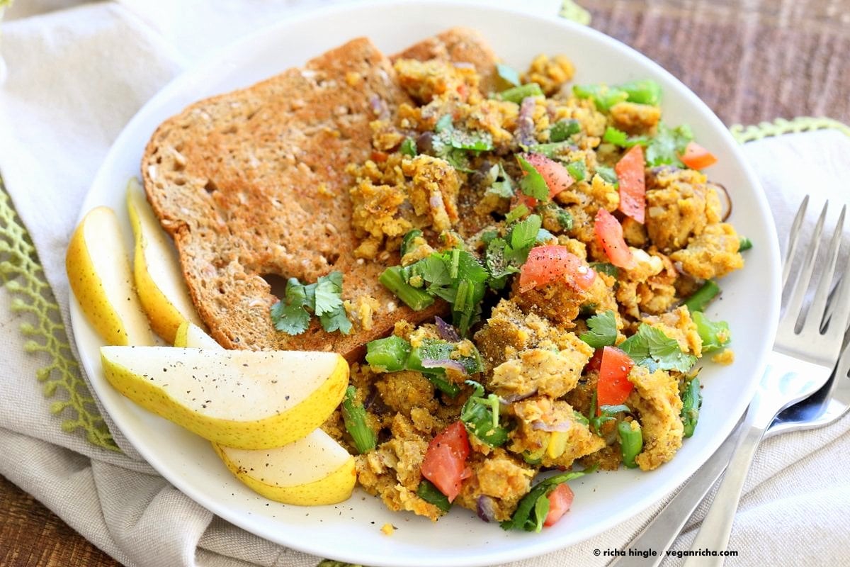 Easy Chickpea flour Scramble. Soy-free Breakfast Scramble with veggies. Make with lentil flour or lentil batter for variation. Vegan Gluten-free Recipe | VeganRicha.com