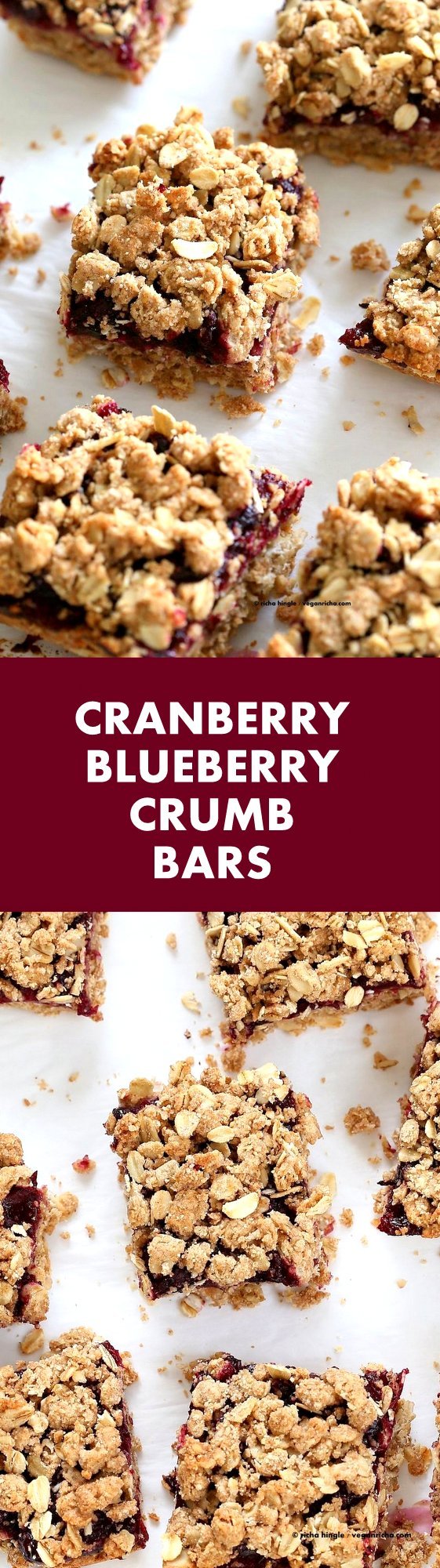 Cranberry Blueberry Crumb Bars. Easy Blueberry Bars. Crumble bars with blueberry cranberry chia layer, shortbread and oat crumb topping. #Vegan #Recipe | VeganRicha.com