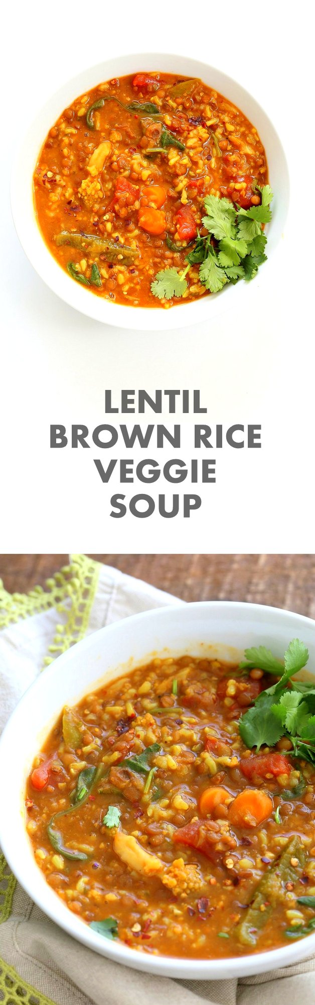 Lentil Brown Rice Soup. Easy 1 pot Lentil Rice Soup with Spinach or greens of choice. 20 minutes active time then let everything simmer. Serve with crackers, papadum or grilled vegan cheese sandwiches. #Vegan #Glutenfree #Soyfree #nutfree #Recipe | VeganRicha.com