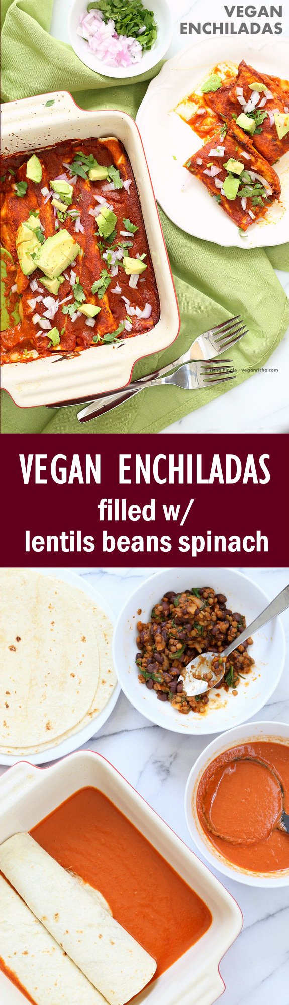 Vegan Enchiladas Recipe. Easy Enchilada Recipe with Blender Enchilada Sauce, soft tortillas filled with Black beans and Lentils. #Vegan #Soyfree Recipe. Can be #Glutenfree. Ready within One Hour | VeganRicha.com