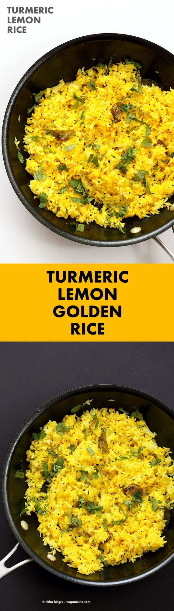 Turmeric Lemon Rice Recipe. Indian Golden Rice with turmeric, lemon and mustard seeds. Use cooked brown rice, quinoa or millet or couscous for variation. Easy Side. #Vegan #Glutenfree #Soyfree #Recipe | VeganRicha.com
