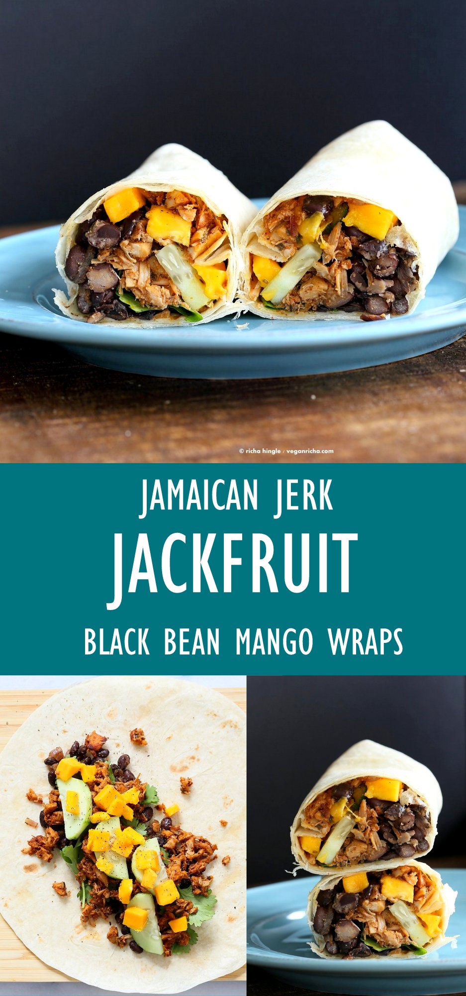 Jamaican Jerk Jackfruit Caribbean Black Bean Mango Wraps. These Burritos are packed with hot shredded jerk jackfruit, black beans, mango and cucumbers. Serve as wraps or make a sandwich or bowl. #Vegan #Soyfree #Recipe. Can be #glutenfree | VeganRicha.com