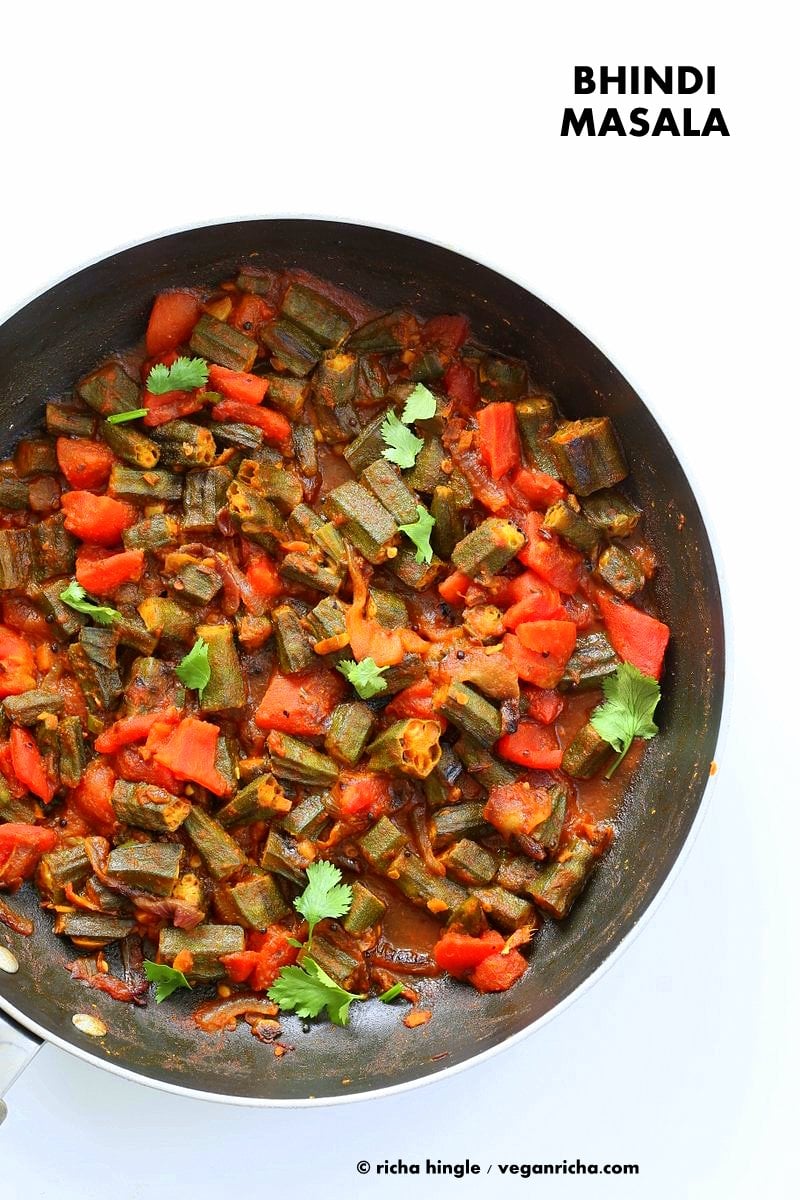 Bhindi Masala Recipe. Indian Okra Curry. Lightly spiced Okra in onion tomato curry. Restaurant style Masala Bhindi. Vegan Gluten-free Soy-free Indian Recipe | VeganRicha.com