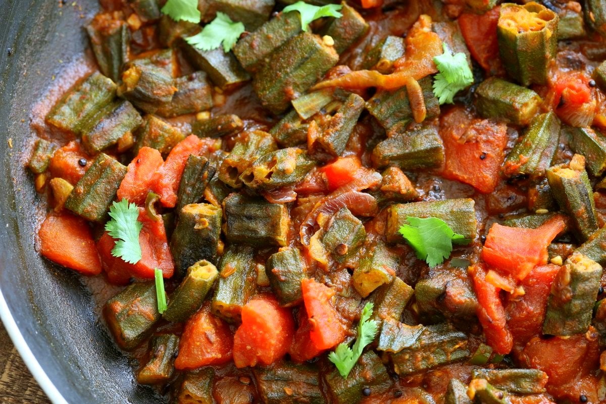 Bhindi Masala Recipe. Indian Okra Curry. Lightly spiced Okra in onion tomato curry. Restaurant style Masala Bhindi. Vegan Gluten-free Soy-free Indian Recipe | VeganRicha.com