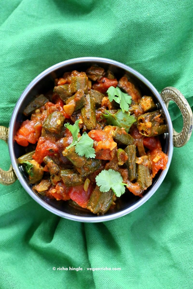 Bhindi Masala Recipe. Indian Okra Curry. Lightly spiced Okra in onion tomato curry. Restaurant style Masala Bhindi. Vegan Gluten-free Soy-free Indian Recipe | VeganRicha.com
