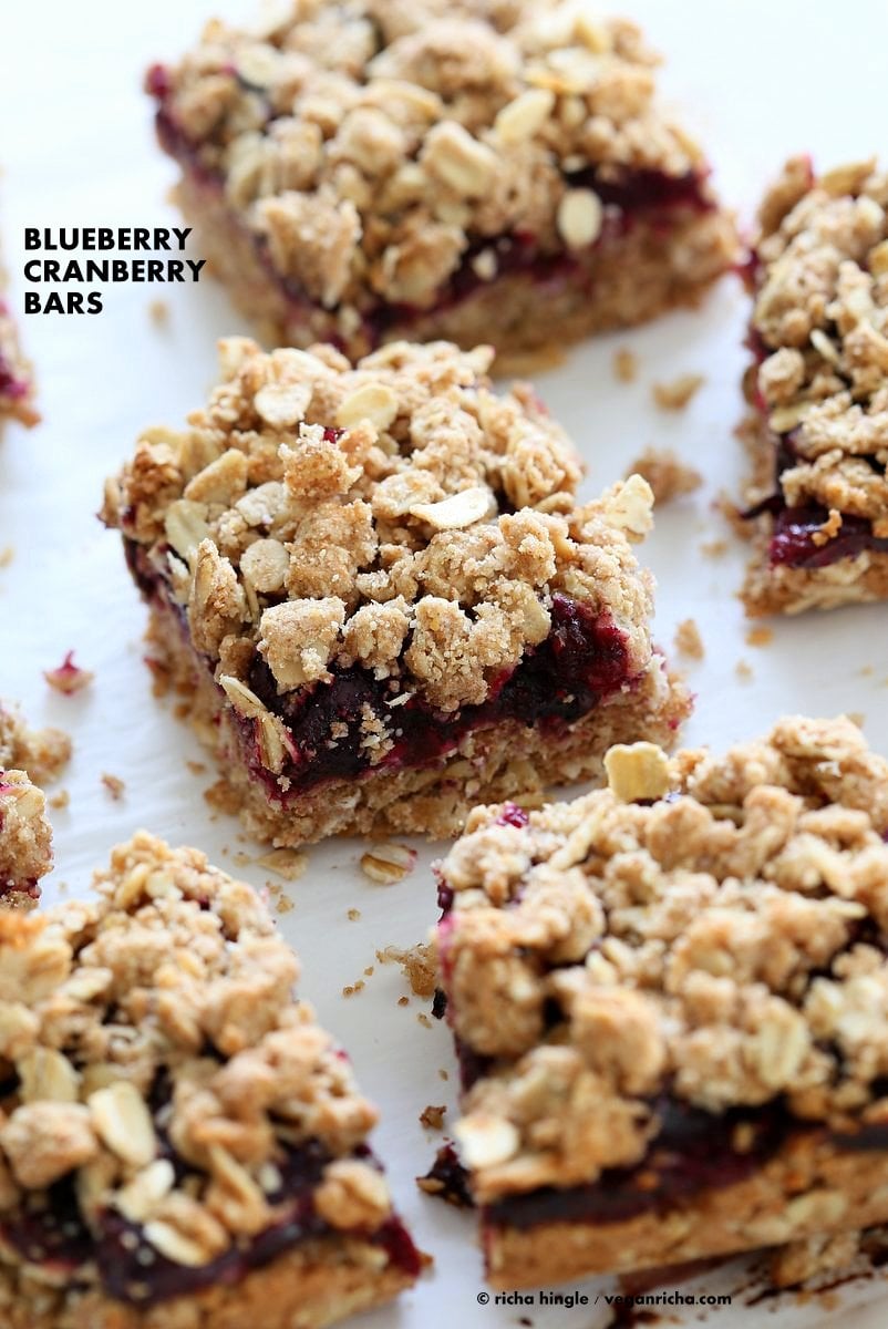 Cranberry Blueberry Crumb Bars. Easy Blueberry Bars. Crumble bars with blueberry cranberry chia layer, shortbread and oat crumb topping. Vegan Recipe. | VeganRicha.com