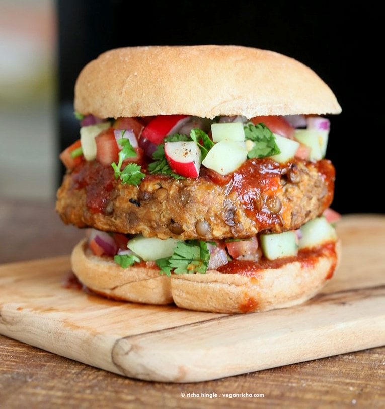 Lentil Quinoa Meatloaf Burgers. Lentil Quinoa Burger patties with bbq glaze. Easy "Meatloaf" Burgers. Serve as burgers with buns or as patties over a salad. Vegan Nut-free Recipe | VeganRicha.com