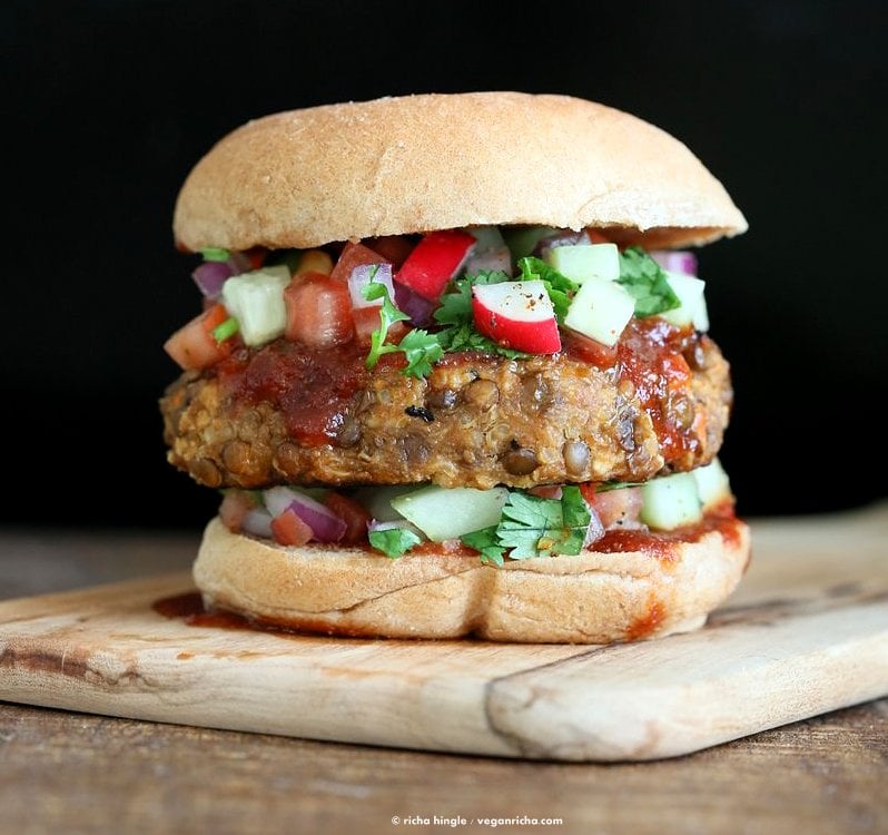 Lentil Quinoa Meatloaf Burgers. Lentil Quinoa Burger patties with bbq glaze. Easy "Meatloaf" Burgers. Serve as burgers with buns or as patties over a salad. Vegan Nut-free Recipe | VeganRicha.com