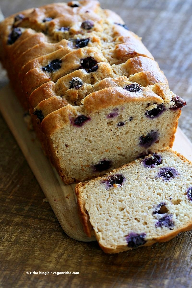 Vegan Lemon Blueberry Cake. This zesty Blueberry Lemon Pound Cake is dense and full of flavor. Use other berries in this Vegan Pound Cake Recipe. Non Dairy Yogurt Pound Cake Loaf with lemon and blueberries. 15 min prep and done. | VeganRicha.com