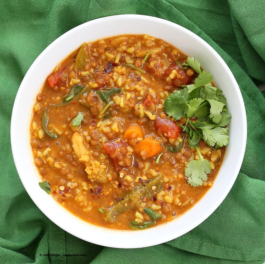 Lentil Brown Rice Soup. Easy 1 pot Lentil Rice Soup with Spinach or greens of choice. 20 minutes active time then let everything simmer. Serve with crackers, papadum or grilled vegan cheese sandwiches. Vegan Gluten-free Soy-free Recipe | VeganRicha.com