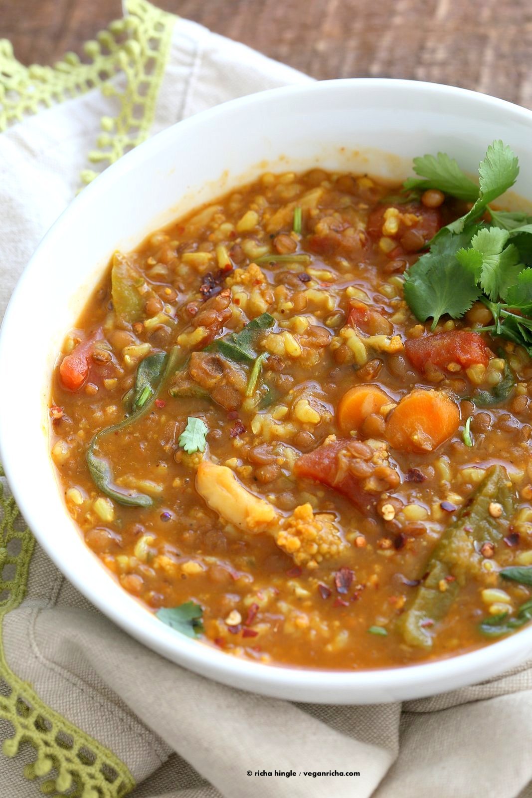 Lentil Brown Rice Soup. Easy 1 pot Lentil Rice Soup with Spinach or greens of choice. 20 minutes active time then let everything simmer. Serve with crackers, papadum or grilled vegan cheese sandwiches. Vegan Gluten-free Soy-free Recipe | VeganRicha.com