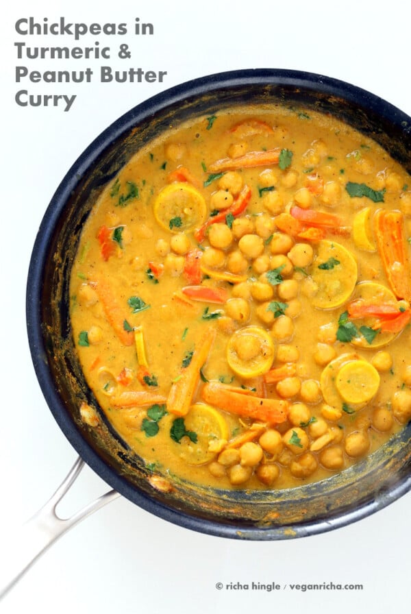 Chickpeas in Turmeric Peanut Butter Curry. Easy Nut Butter Curry Sauce with Summer veggies and Chickpeas. Vegan Gluten-free Soyfree Recipe | VeganRicha.com #vegan #glutenfree #veganricha