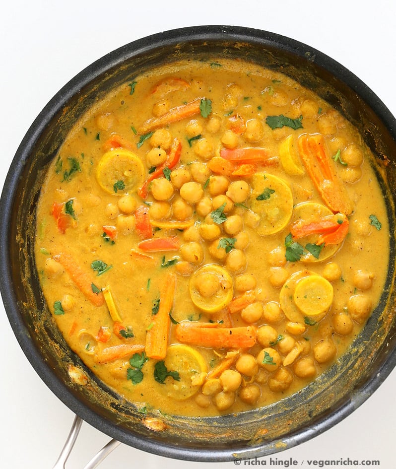 Chickpeas in Turmeric Peanut Butter Curry. Easy Nut Butter Curry Sauce with Summer veggies and Chickpeas. Vegan Gluten-free Soyfree Recipe | VeganRicha.com