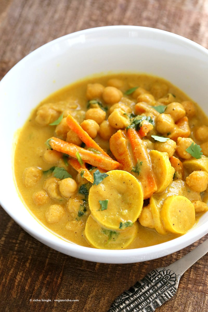 Chickpeas in Turmeric Peanut Butter Curry. Easy Nut Butter Curry Sauce with Summer veggies and Chickpeas. Vegan Gluten-free Soyfree Recipe #veganricha | VeganRicha.com
