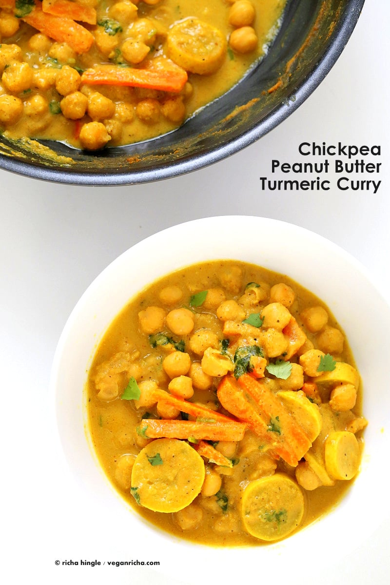 Chickpeas in Turmeric Peanut Butter Curry. Easy Nut Butter Curry Sauce with Summer veggies and Chickpeas. Vegan Gluten-free Soyfree Recipe | VeganRicha.com