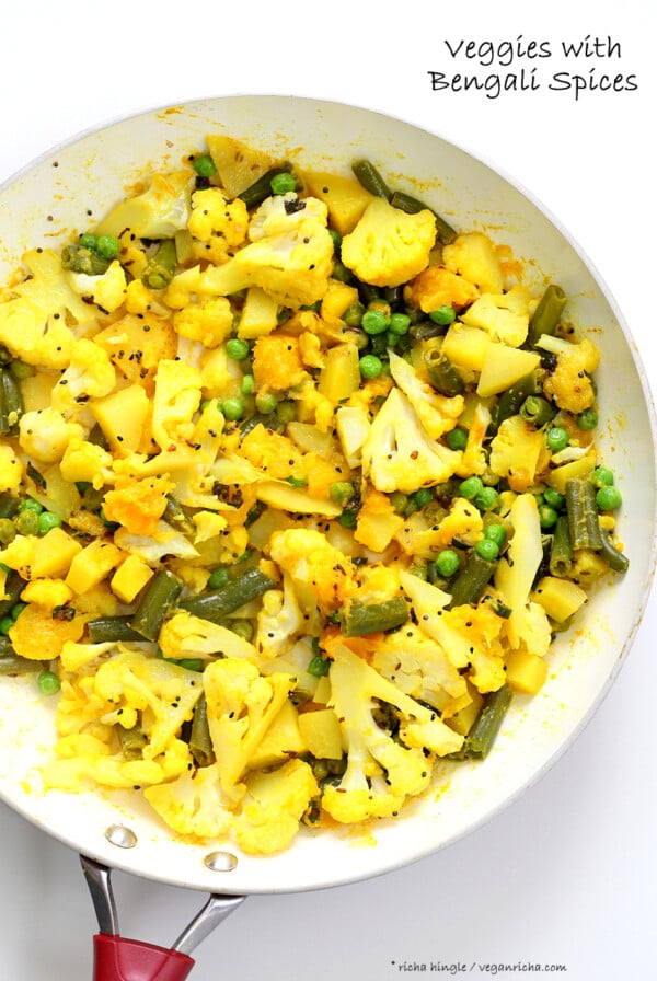 Bengali Mixed Veggies - Charchari Recipe. Cauliflower Potato Green Beans Peas with Bengali (Eastern Indian) Spices. Panch Phoron Phulkopi Recipe. Easy Veggie Side. Vegan Gluten-free Soy-free Recipe. | VeganRicha.com #vegan #glutenfree #veganricha