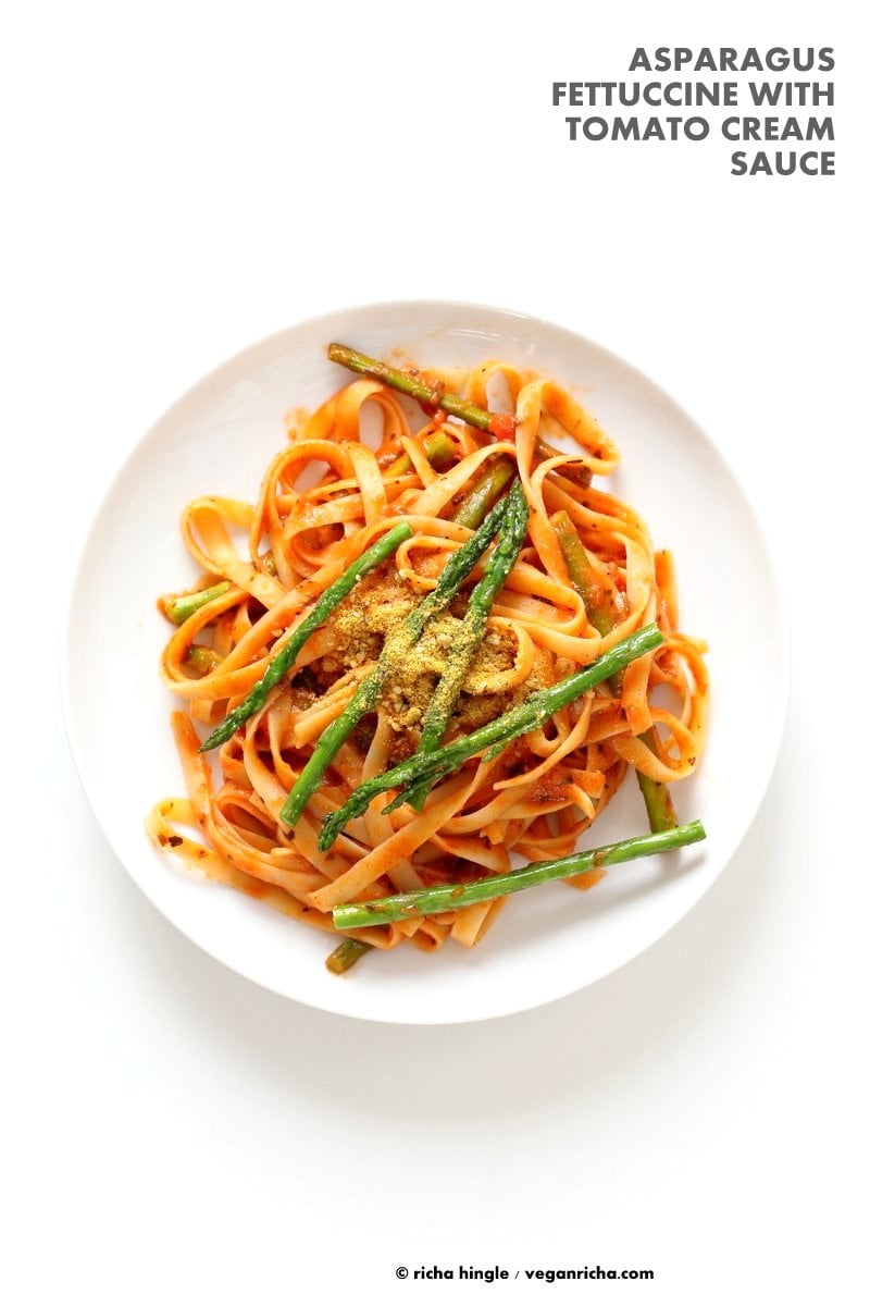 Fettuccine with Tomato Cream Sauce and Asparagus. Easy tomato Cream sauce with pasta and garlic roasted Asparagus. Use other veggies of choice. Add some chickpea chorizo or smoked coconut for variation. Vegan Soyfree Recipe. Can be gluten-free with gf pasta. | VeganRicha.com