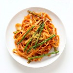 Fettuccine with Tomato Cream Sauce and Asparagus. Easy tomato Cream sauce with pasta and garlic roasted Asparagus. Use other veggies of choice. Add some chickpea chorizo or smoked coconut for variation. Vegan Soyfree Recipe. Can be gluten-free with gf pasta. | VeganRicha.com #vegan #glutenfree #veganricha