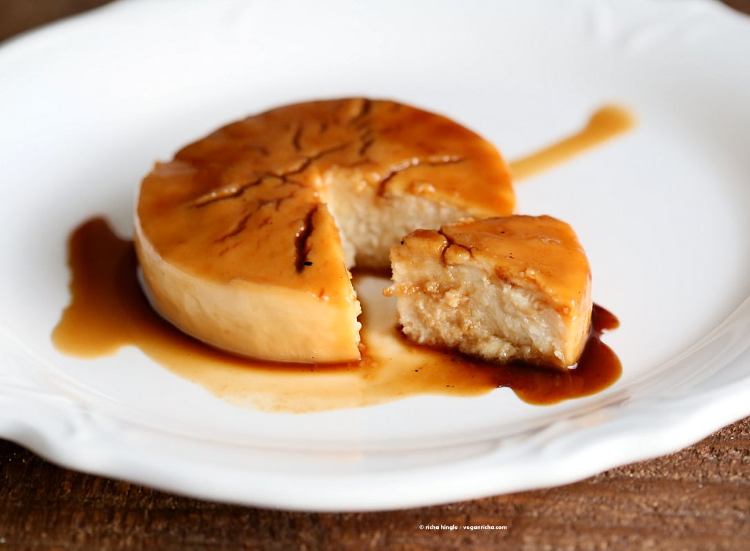 Lemon Flan. Vegan Flan Recipe. No Bake No Egg Custard flan with caramelized coconut sugar. Spanish Custard flan or Creme Caramel. Vegan gluten-free Soy-free Oil-free Recipe | VeganRicha.com