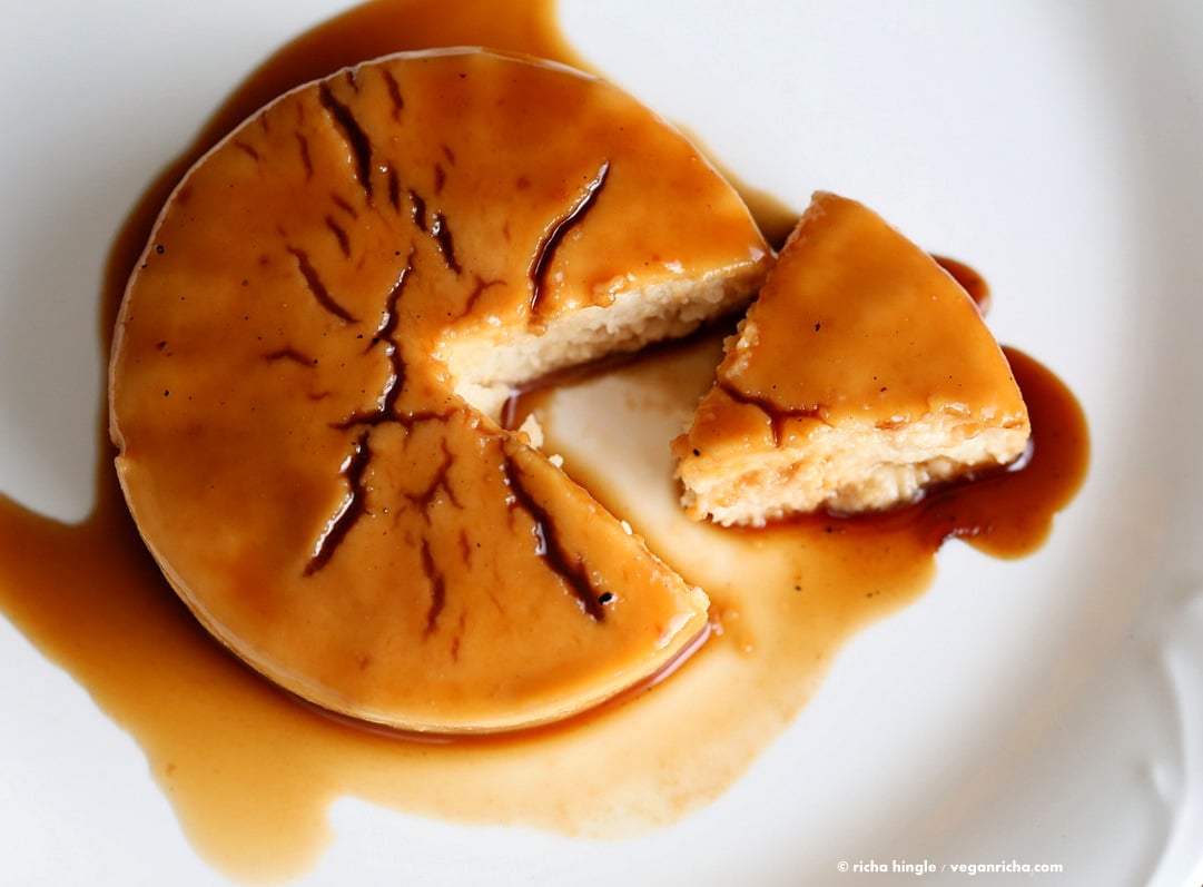 Lemon Flan. Vegan Flan Recipe. No Bake No Egg Custard flan with caramelized coconut sugar. Spanish Custard flan or Creme Caramel. Vegan gluten-free Soy-free Oil-free Recipe | VeganRicha.com