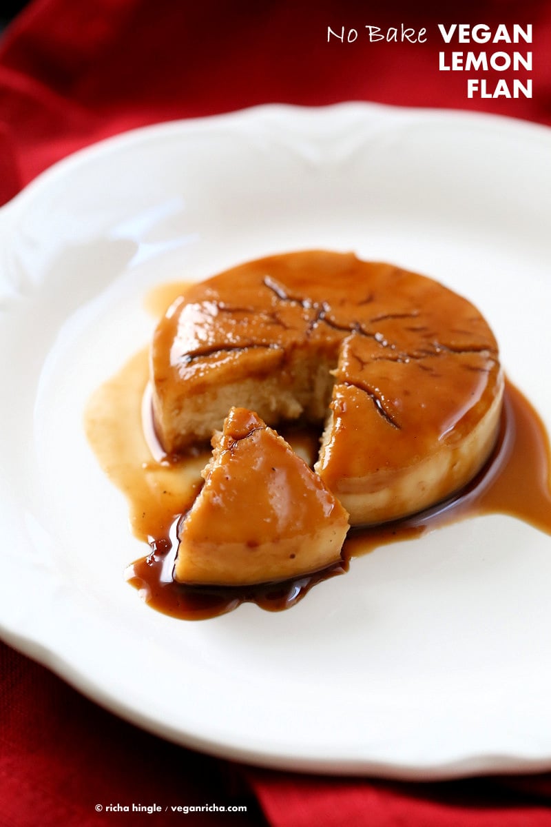Lemon Flan. Vegan Flan Recipe. No Bake No Egg Custard flan with caramelized coconut sugar. Spanish Custard flan or Creme Caramel. Vegan gluten-free Soy-free Oil-free Recipe | VeganRicha.com