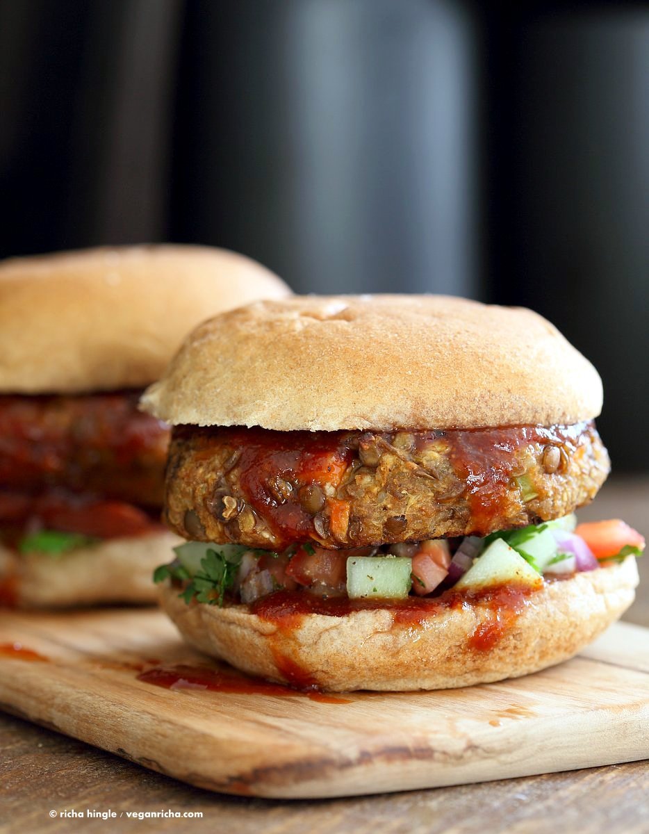 Lentil Quinoa Meatloaf Burgers. Lentil Quinoa Burger patties with bbq glaze. Easy "Meatloaf" Burgers. Serve as burgers with buns or as patties over a salad. Vegan Nut-free Recipe | VeganRicha.com